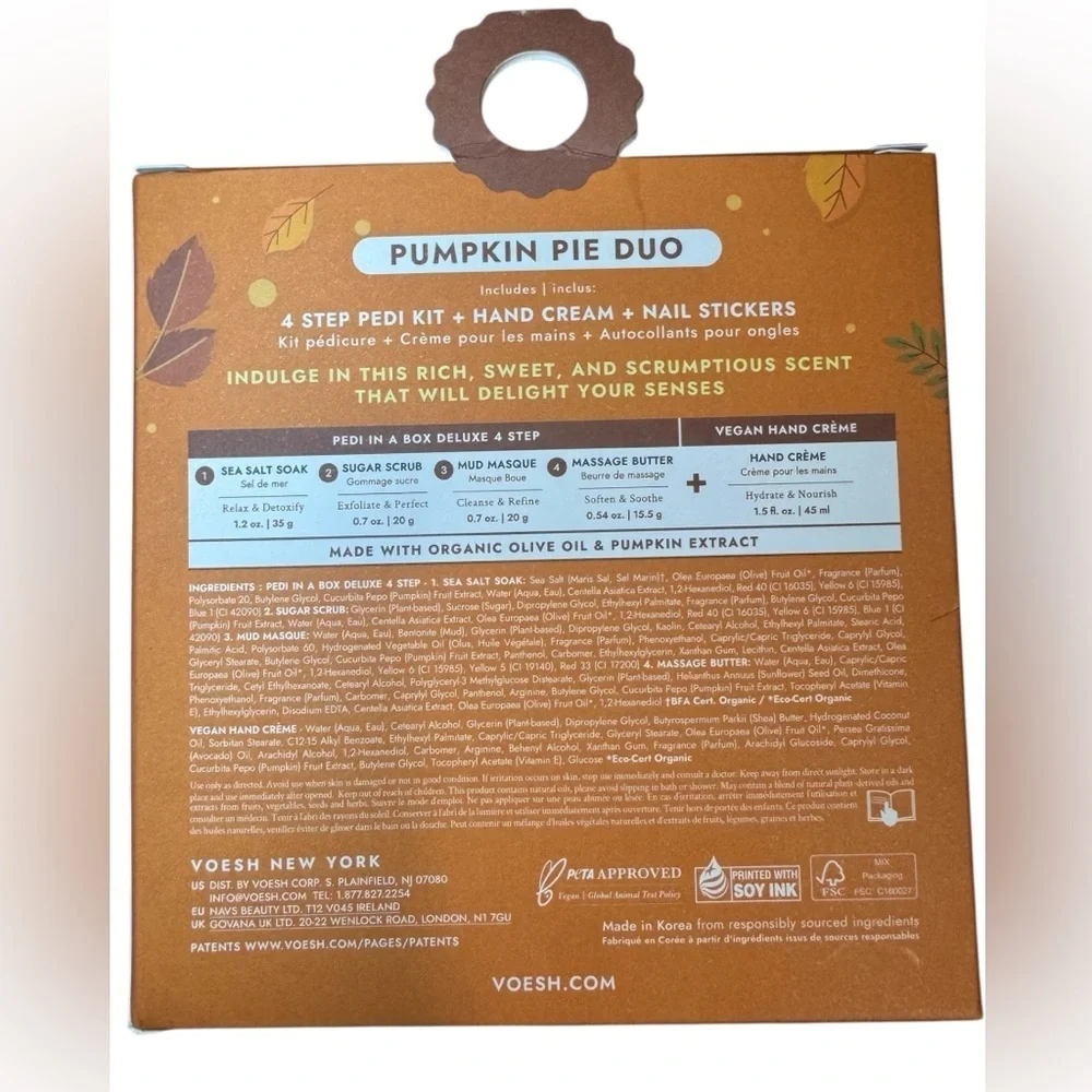 VOESH LIMITED EDITION PUMPKIN PIE DUO 4 Step Pedi Kit +Hand Cream+ Nail Stickers